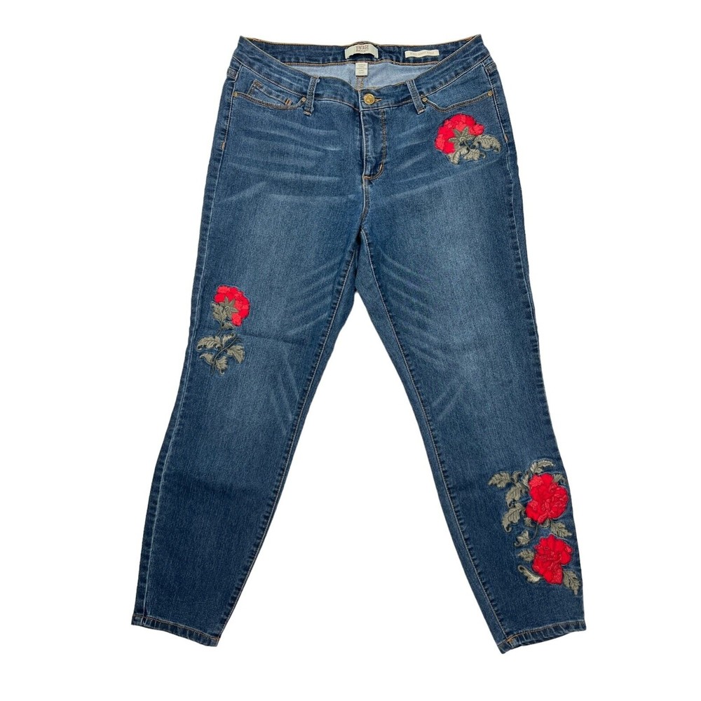 Vintage America Blues Size 12 Boho Skinny Ankle Denim Jeans Embroidered Flower